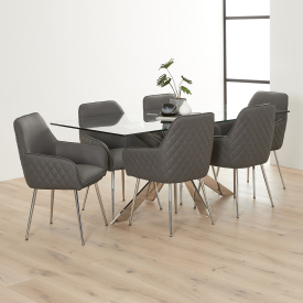 Geo Glass Dining Table with Chrome Legs and 6 Savoy Dark Grey Carver Dining Chairs