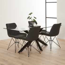 Geo Glass Dining Table with Black Legs and 4 Brogan Charcoal Chairs