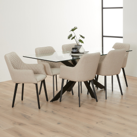 Geo Glass Dining Table with Black Legs and 6 Duke Natural Oatmeal Carver Chairs