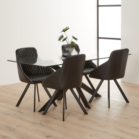 Geo Glass Dining Table with Black Legs and 4 Jax Black Faux Leather Chairs