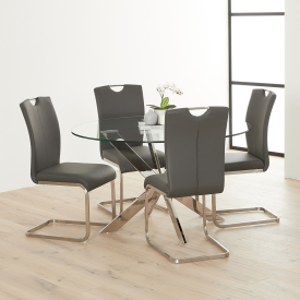 Geo Glass 130cm Round Dining Table with Chrome Legs and 4 Barca Dark Grey Chairs