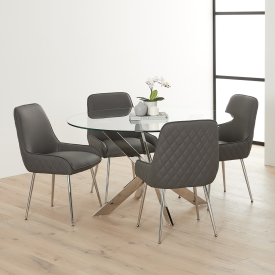 Geo Glass 130cm Round Dining Table with Chrome Legs and 4 Savoy Dark Grey Chairs