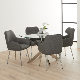Geo Glass 130cm Round Dining Table with Chrome Legs and 4 Savoy Dark Grey Carver Chairs