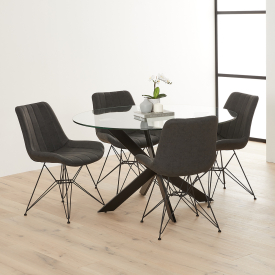 Geo Glass Round Dining Table with Black Legs and 4 Brogan Charcoal Dining Chairs