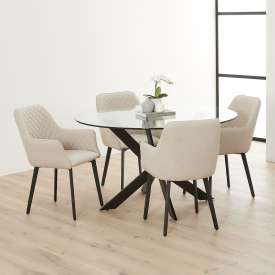 Geo Glass Round Dining Table with Black Legs and 4 Duke Oatmeal Fabric Chairs