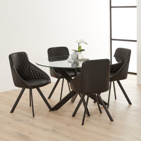 Geo Glass Round Dining Table with Black Legs and 4 Jax Black Dining Chairs
