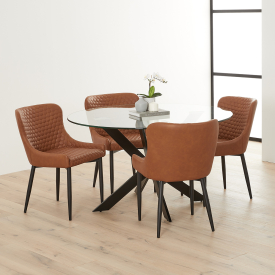 Geo Glass Round Dining Table with Black Legs and 4 Paloma Tan Brown Chairs