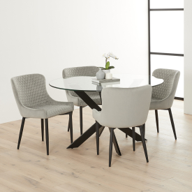 Geo Glass Round Dining Table with Black Legs and 4 Paloma Grey Velvet Chairs