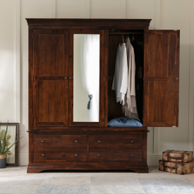 French Hardwood Mahogany Stained 3 Door Triple Wardrobe with Mirror