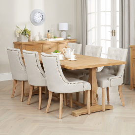 Weathered Limed Oak Refectory 2m Dining Table and 6 Natural Fabric Scoop Chairs