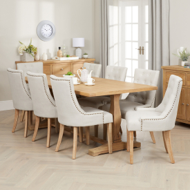 Weathered Limed Oak Refectory 2m Dining Table and 8 Natural Fabric Scoop Chairs