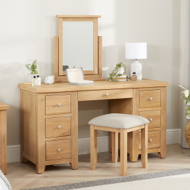 Cheshire Weathered Limed Oak Twin Pedestal Dressing Table Set with Stool + Mirror