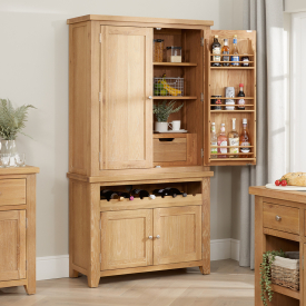 Cheshire Weathered Limed Oak Double Kitchen Larder Pantry Cupboard with Wine Rack