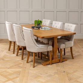 Solid Oak Refectory 2m Dining Table and 6 Natural Fabric Scoop Chairs