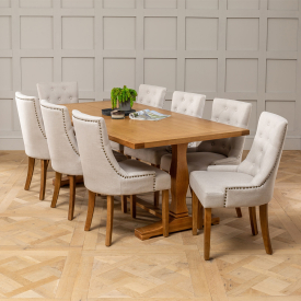 Solid Oak Refectory 2m Dining Table and 8 Natural Fabric Scoop Chairs