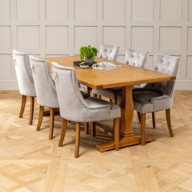 Solid Oak Refectory 2m Dining Table and 6 Light Grey Scoop Chairs