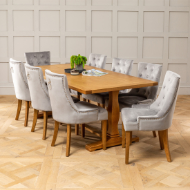 Solid Oak Refectory 2m Dining Table and 8 Light Grey Scoop Chairs