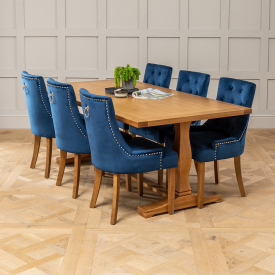 Solid Oak Refectory 2m Dining Table and 6 Blue Velvet Scoop Chairs