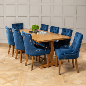 Solid Oak Refectory 2m Dining Table and 8 Blue Velvet Scoop Chairs