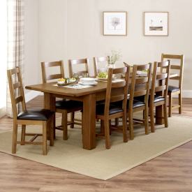 Rustic Oak Large Extending Dining Table + 8 Ladder Back Chairs