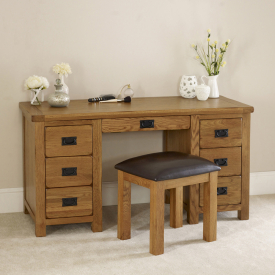 Rustic Oak Double Pedestal Dressing Table and Stool Set