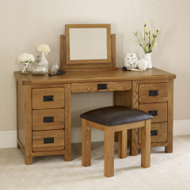 Rustic Oak Double Pedestal Dressing Table Mirror and Stool Set