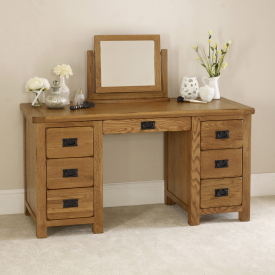 Rustic Oak Double Pedestal Dressing Table and Mirror Set