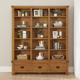 Rustic Oak Grand Library Bookcase with 3 Drawers