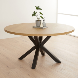 Industrial Limed Oak 150cm Round Dining Table with Black Starburst Legs – 6 to 8 Seater