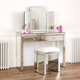 Venetian Mirrored Dressing 2 Drawer Table Set with White Stool