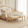 French Chateau Oak Large Bench with Natural Linen Fabric Seat