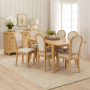 French Chateau Oak Extending Dining Table & 6 qty Linen Fabric Dining Chair Set