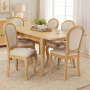 French Chateau Oak Extending Dining Table & 6 qty Linen Fabric Dining Chair Set