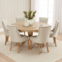 Whitewash Oak 1.5m Round Dining Table and 6 Natural Fabric Dining Chairs