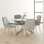 Geo Glass 130cm Round Dining Table with Chrome Legs and 4 Savoy Grey Velvet Chairs