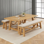 Marbury Classic Oak 2m Trestle Dining Table and 2 Trestle Benches with Cushions