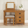 Rustic Oak Pedestal Dressing Table Mirror and Stool Set