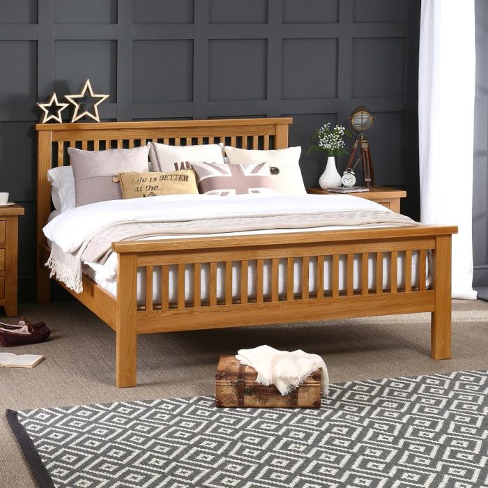 Solid Oak Slatted 5ft King Size Bed With High Foot Board The Furniture Market