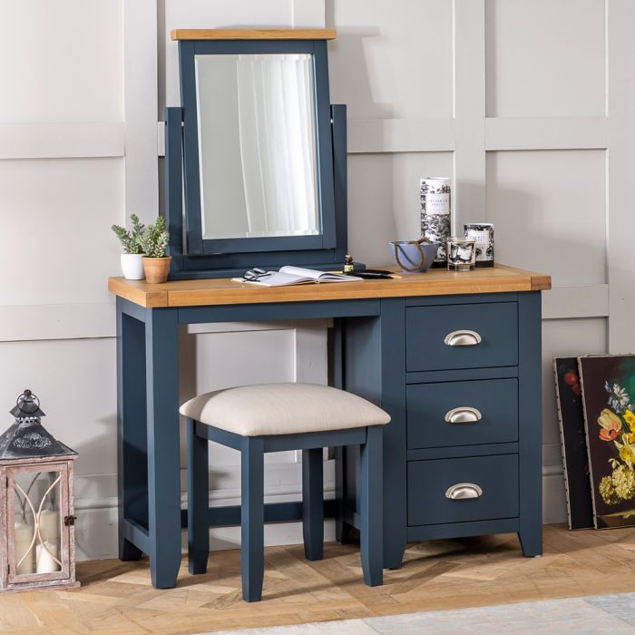 Westbury Blue Pedestal Dressing Table, Vanity Set With Mirror And Stool