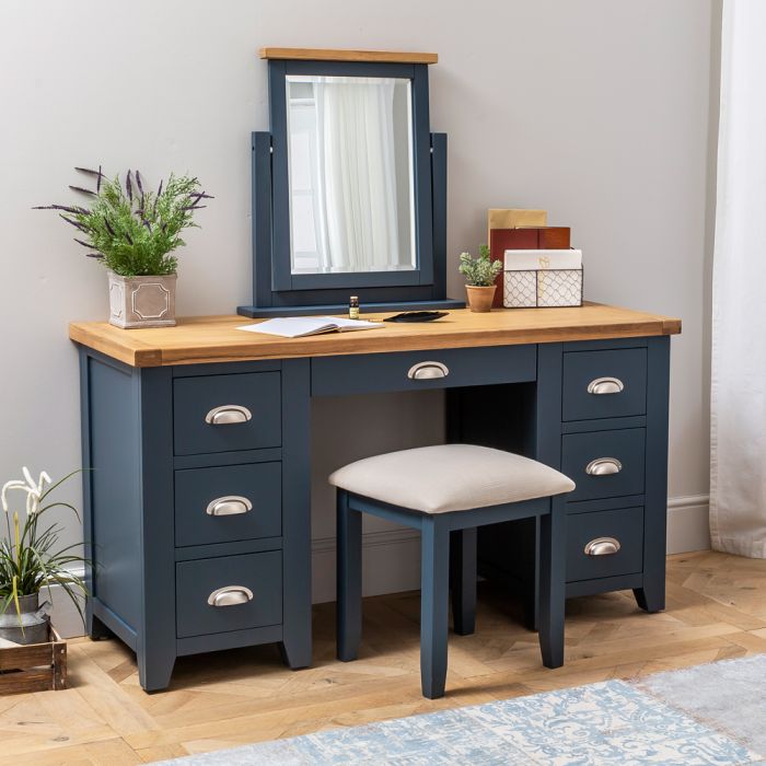 Westbury Blue Painted Twin Pedestal, Vintage Vanity Table With Mirror And Bench
