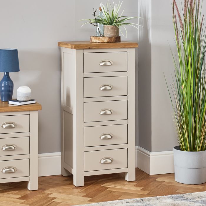 Cotswold Grey Painted 5 Drawer Tallboy Chest The Furniture Market