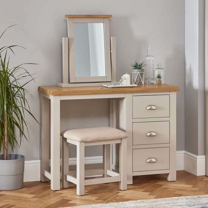Cotswold Grey Pedestal Dressing Table, Mirror Vanity Table With Stool