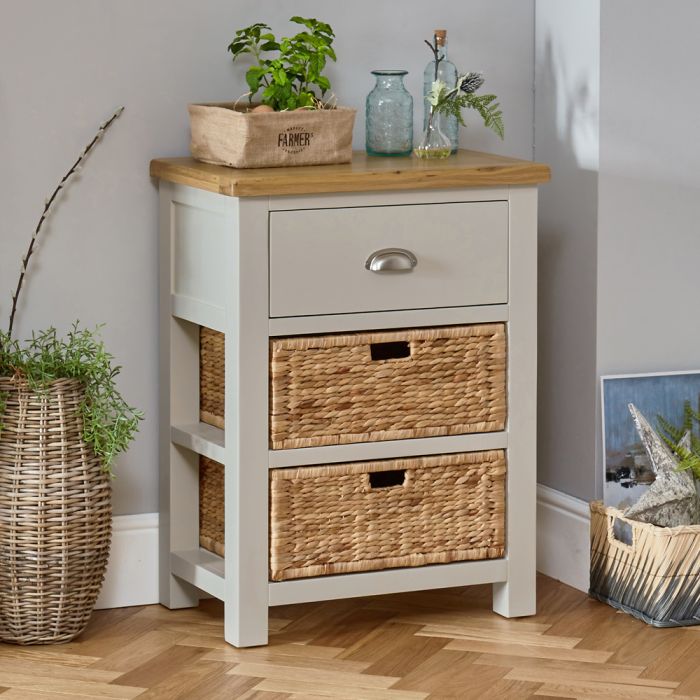 Cotswold Grey Painted Small 1 Drawer, Console Table With Wicker Baskets