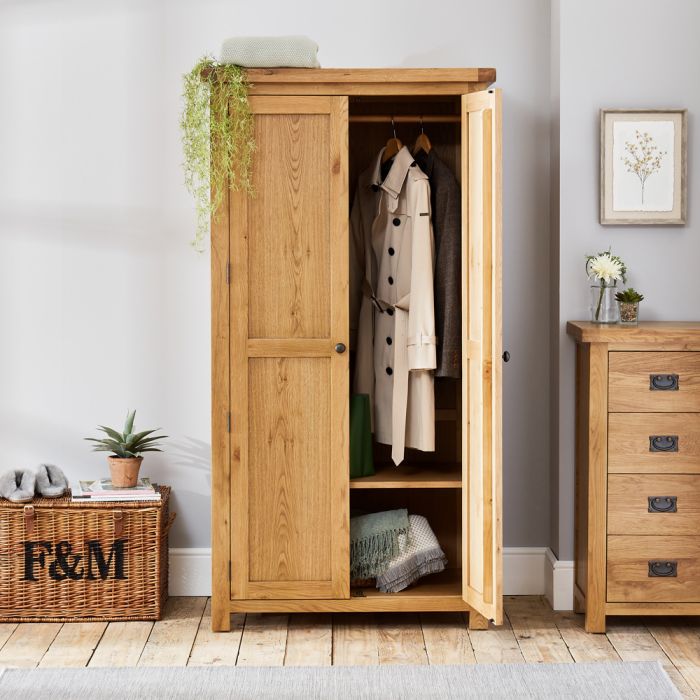 Oak Wardrobe 2 Door 2 Drawer Wooden Clothes Storage Cupboards Unit with Hanging Rail Storage Bedroom Unit Furniture