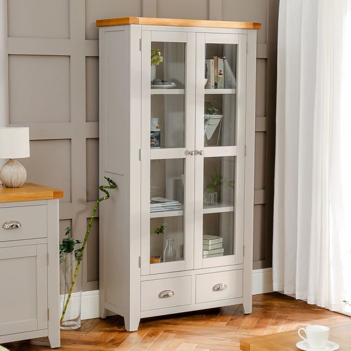 Downton Grey Painted Glazed 2 Door 2 Drawer Tall Display Cabinet