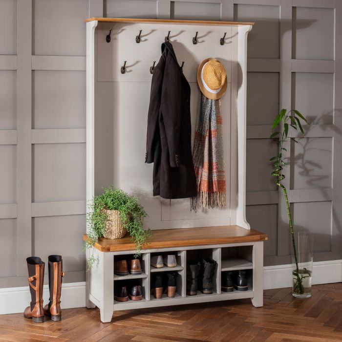 Downton Grey Hallway Tidy Shoe Storage, Coat Rack With Mirror And Seat