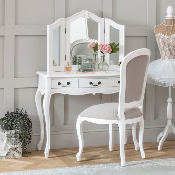 French Chateau White Painted Dressing Table Set With Chair