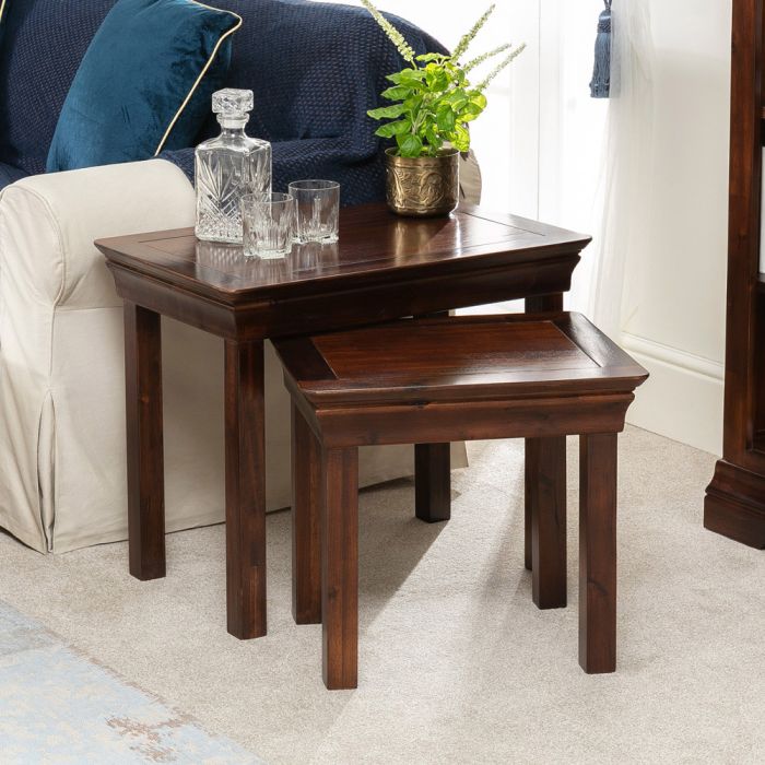 French Hardwood Mahogany Stained Nest, Small Espresso Stained Coffee Tables