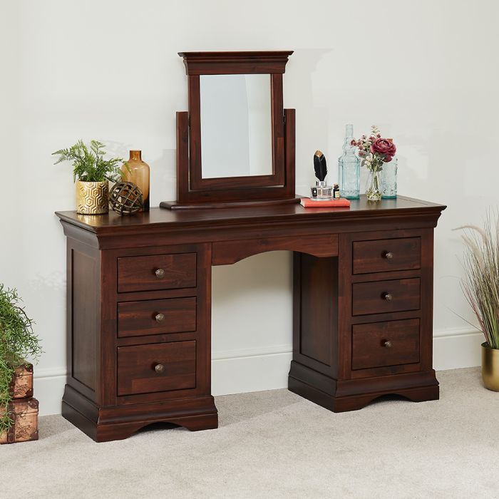 French Hardwood Twin Pedestal Dressing, Makeup Table With Mirror