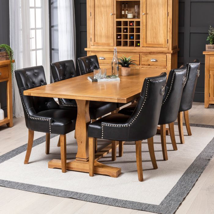 Solid Oak Refectory 2m Dining Table And, Black Faux Leather Dining Room Chairs